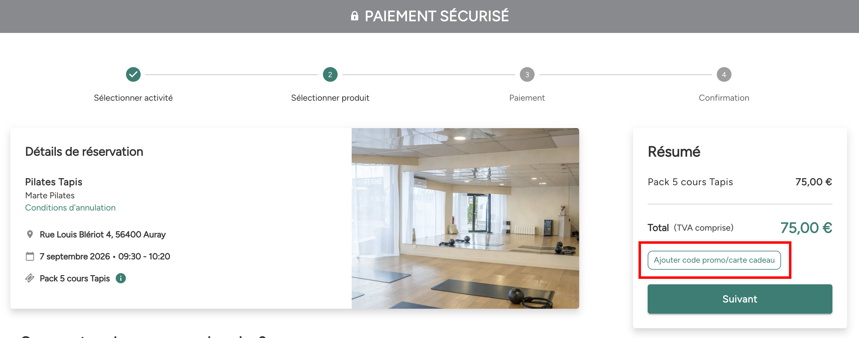 Bouton Eversports permettant d’ajouter un code promo ou une carte cadeau
