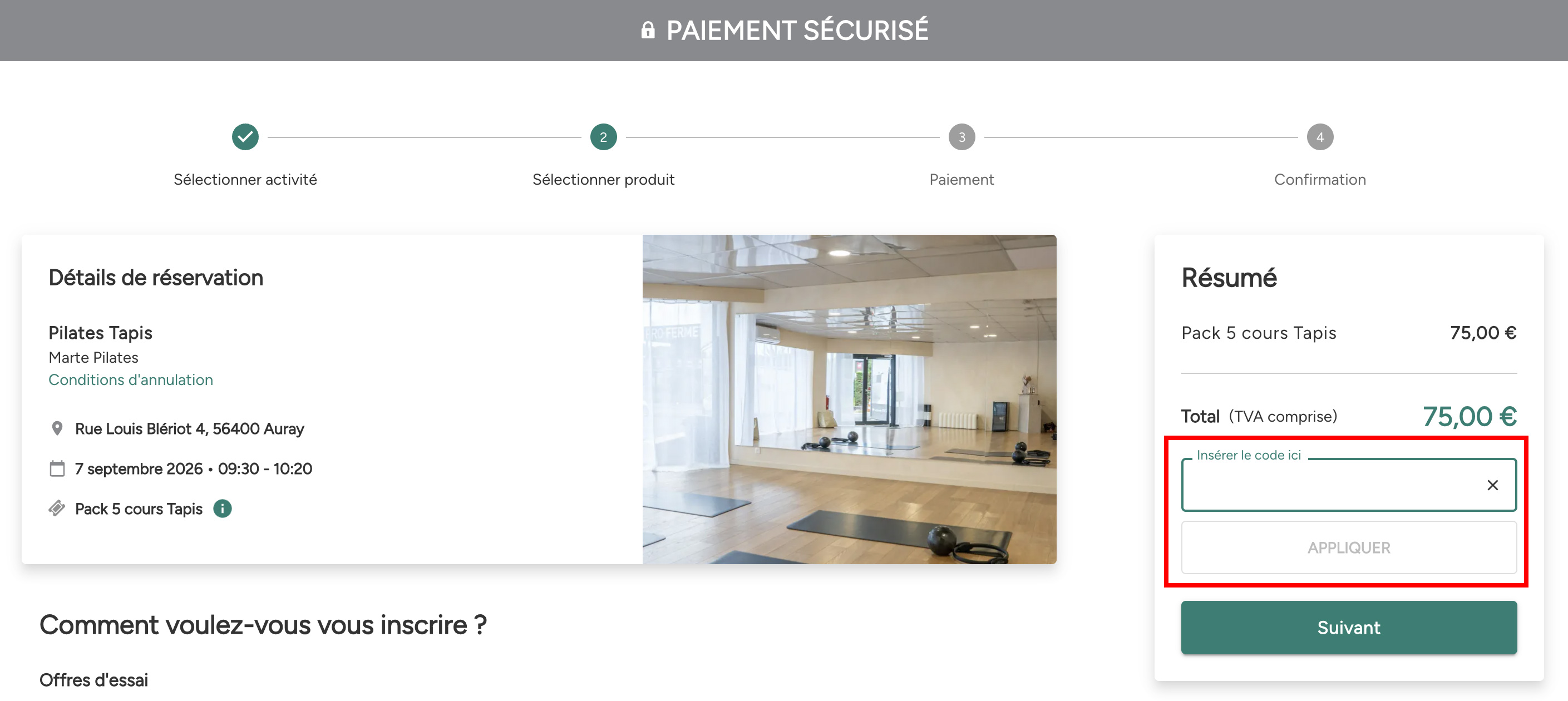 Champ Eversports dans lequel saisir le code de la carte cadeau